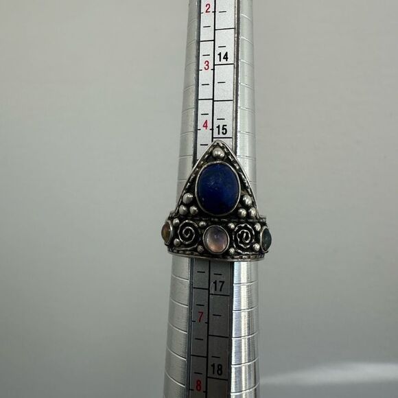 Vintage Sterling Silver 925 Moonstone & Lapis Unusual Intricate Ring Size 5.5 - Picture 14 of 14